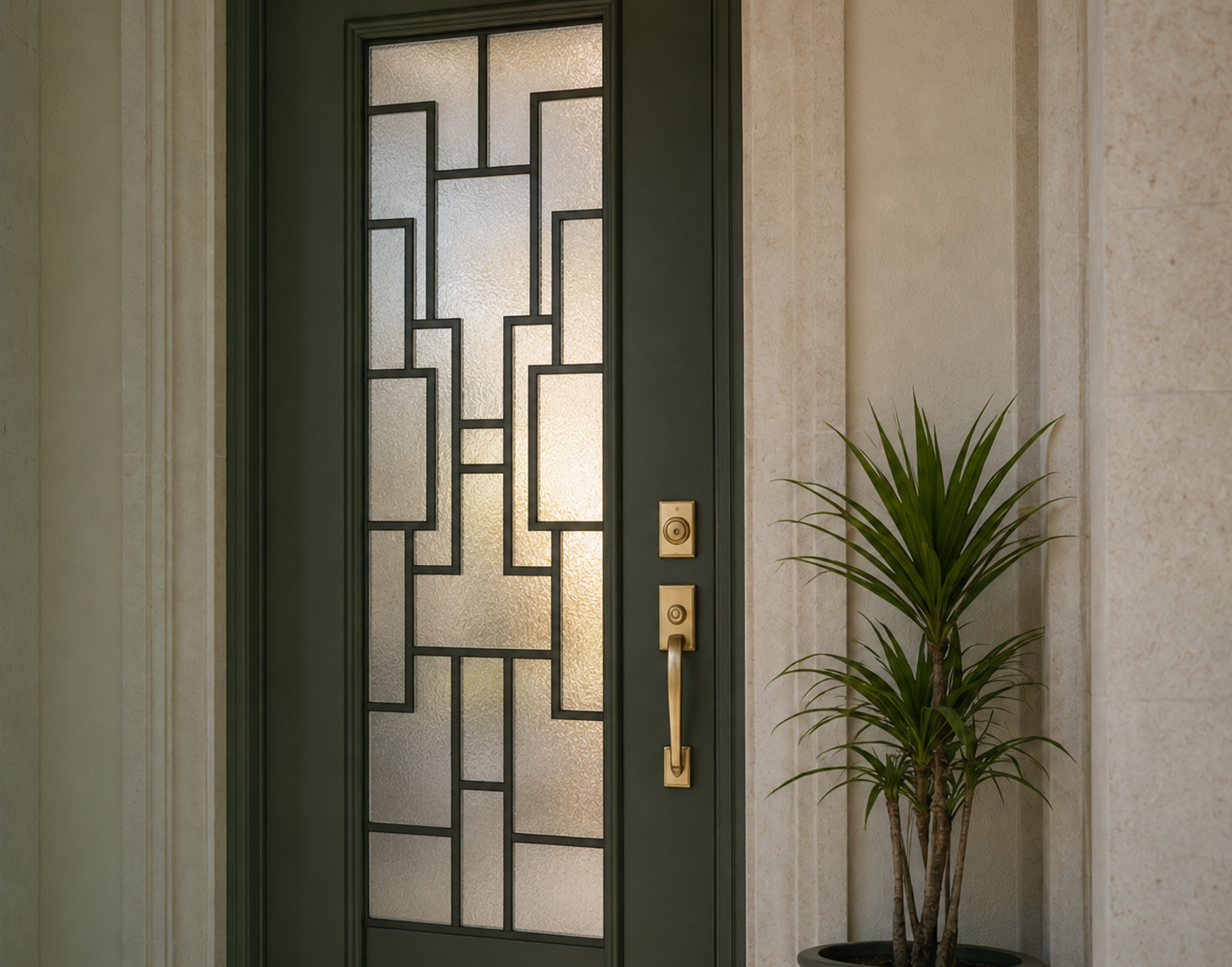 Deep green front door with a Zen-inspired geometric privacy glass insert